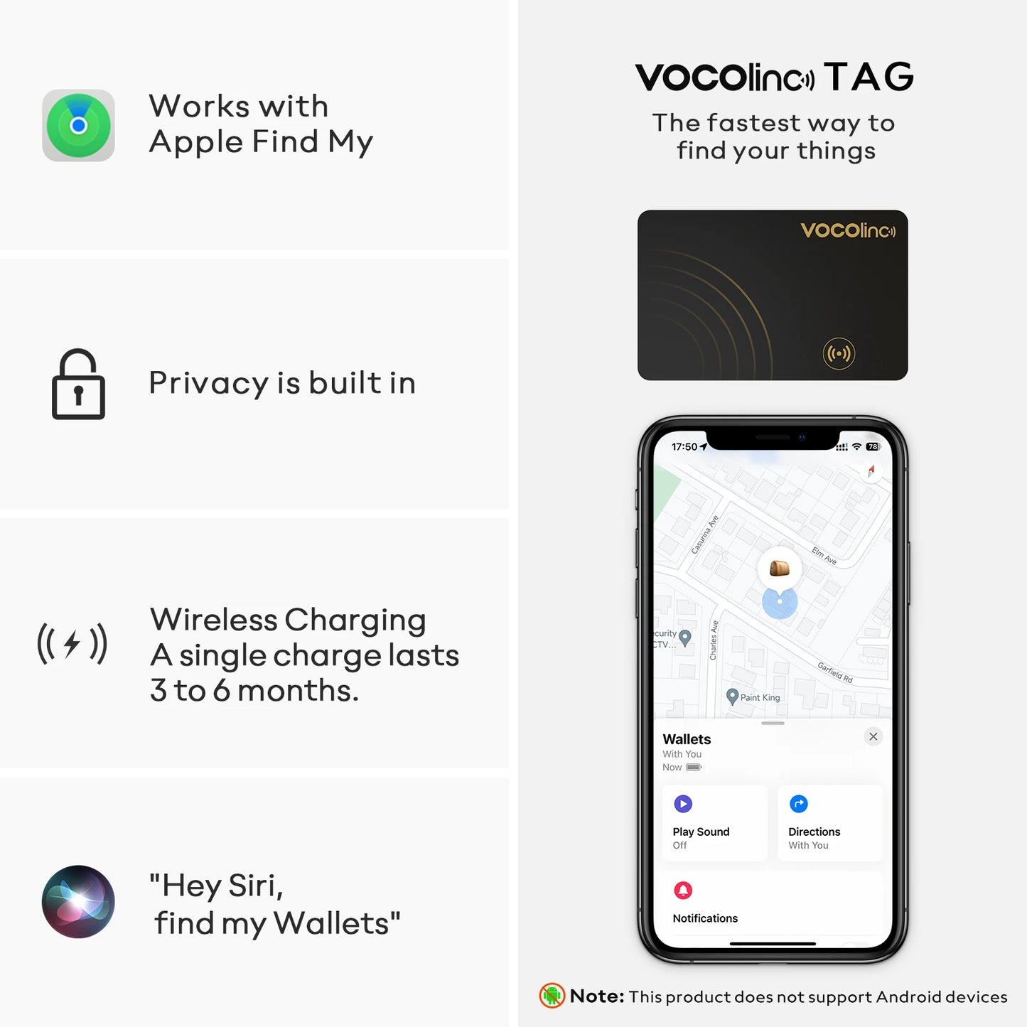 VOCOlinc Wireless Charging Bluetooth Tracking Card, Use with Find My (IOS Only)